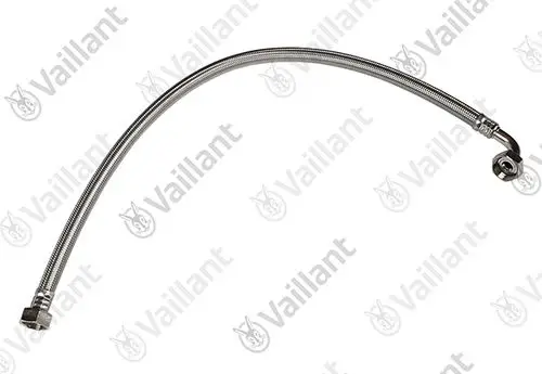 Flexibler Schlauch von Vaillant, gebogen, mit Anschlussstücken an beiden Enden. Metalloberfläche, geeignet für Heizungs- oder Sanitärinstallationen.